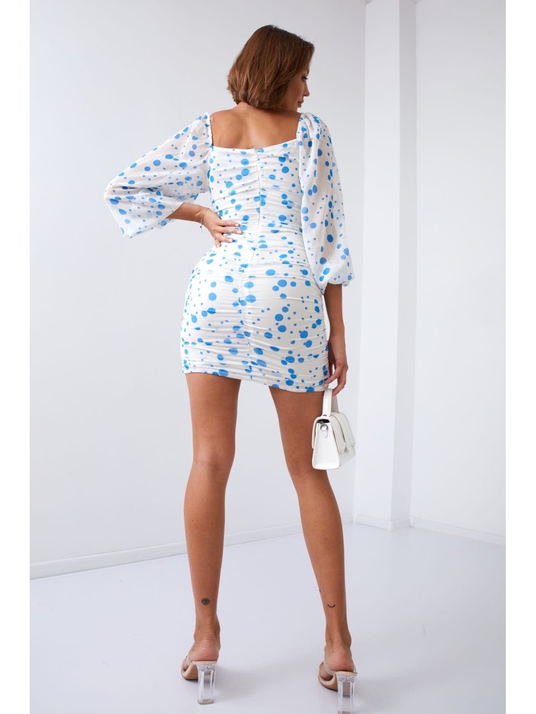 Cream and blue polka dot draped dress 2940 - Online store - Boutique